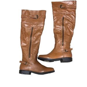 Bamboo Montage Womens 8 Tall Riding Boots Brown Zip Buckles Faux Fur Lined NIB